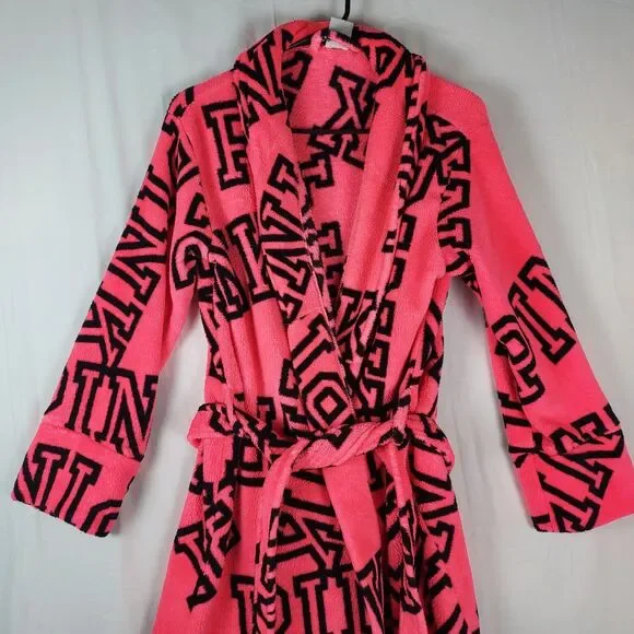 Victoria’s Secret PINK Robe XS/S Logo Plush Hot Pink Black Belted Fleece Sleepwe - Picture 2 of 8